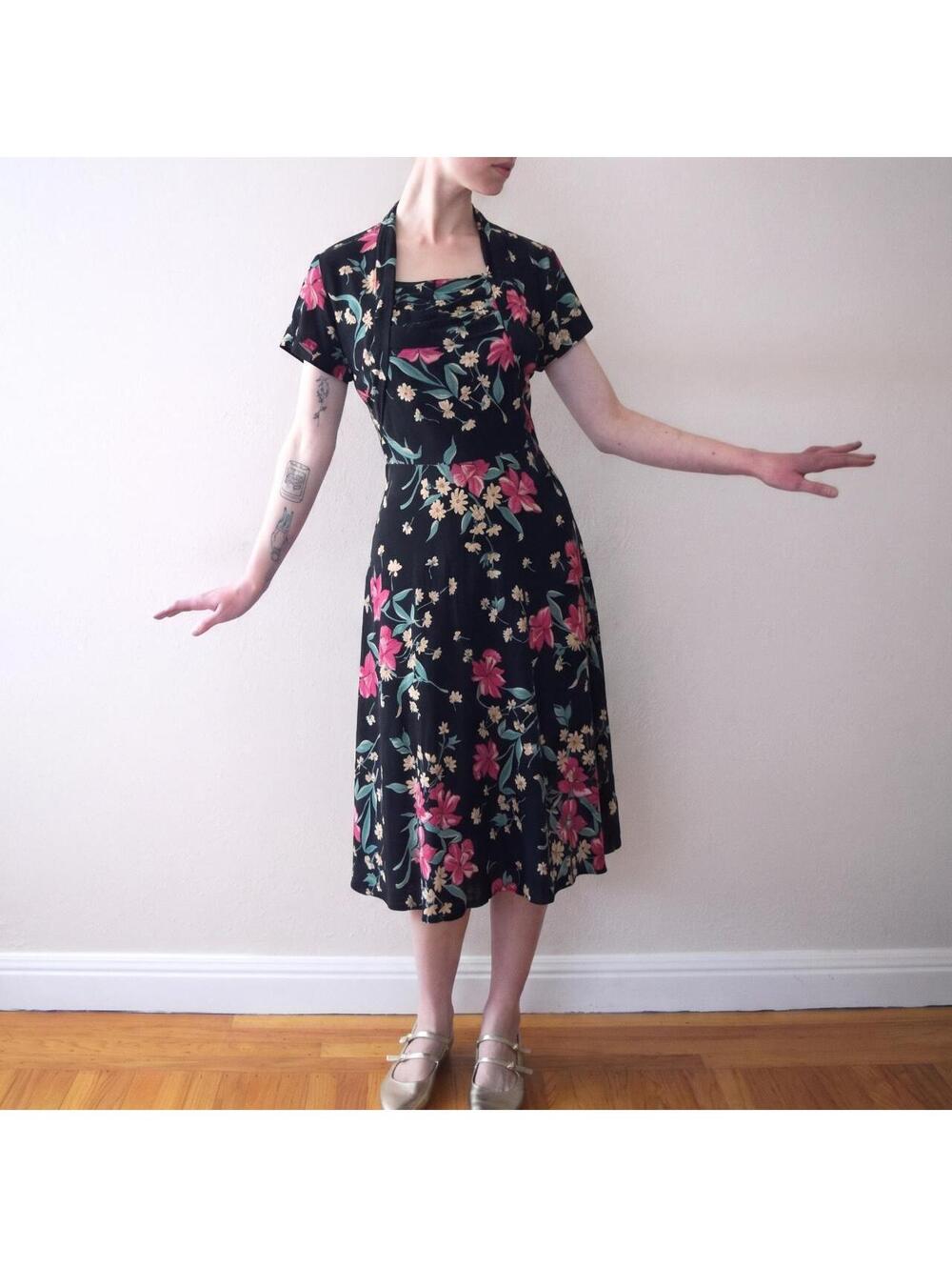 1940's floral over a deep navy blue cold rayon dress